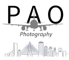 Design a captivating logo for PAO Photography that creatively combines a sleek airplane silhouette with an elegant city skyline outline.