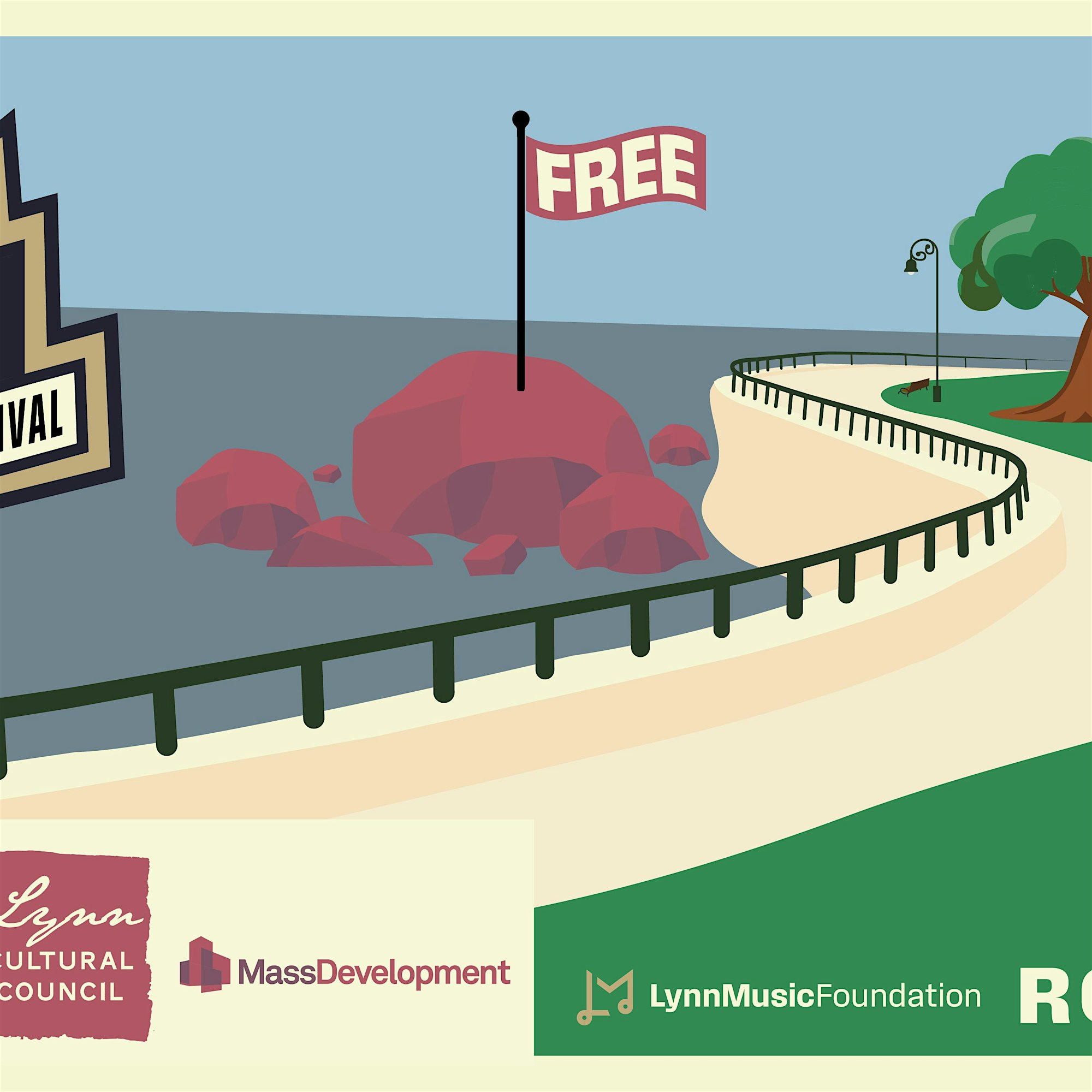 Showcasing an illustration of a winding path along a scenic waterfront, highlighted by rocks and trees. A bold "Free" banner catches the eye, while logos from the Lynn Cultural Council and others anchor the bottom.