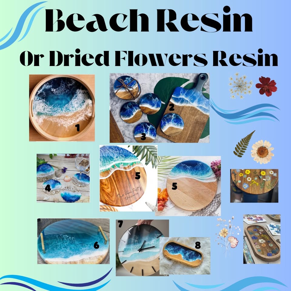 Explore our captivating collage of resin art pieces, showcasing stunning beach and dried flower designs. Each piece is uniquely labeled from 1 to 8, making it easy to find your favorite. The backdrop features artistic waves and floral graphics to complement the collection's natural beauty. Discover your perfect piece today!.