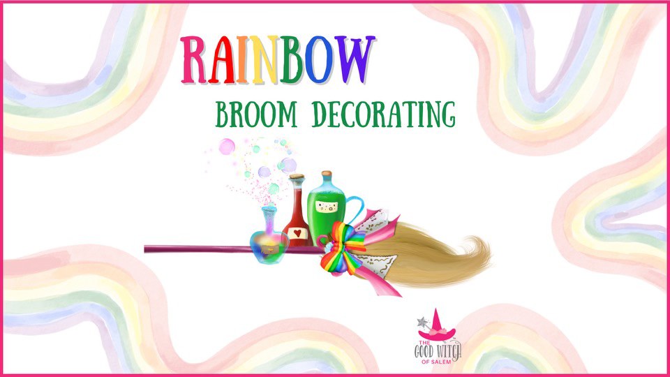 Bright, eye-catching sign for "Rainbow Broom Decorating" features a whimsically decorated broom, magical potion bottles, and vibrant rainbow designs in the backdrop. The logo in the bottom right corner reads: "Eco Witch of Salem." Perfect for attracting customers interested in eco-friendly witchcraft and creative decor!.