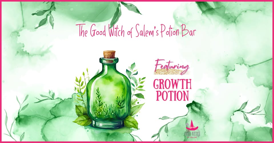 Discover "The Good Witch of Salem's Potion Bar" with our exclusive Growth Potion. Adorned with leafy designs, this green potion bottle is set against a stunning watercolor backdrop. Perfect for those seeking a magical boost!.