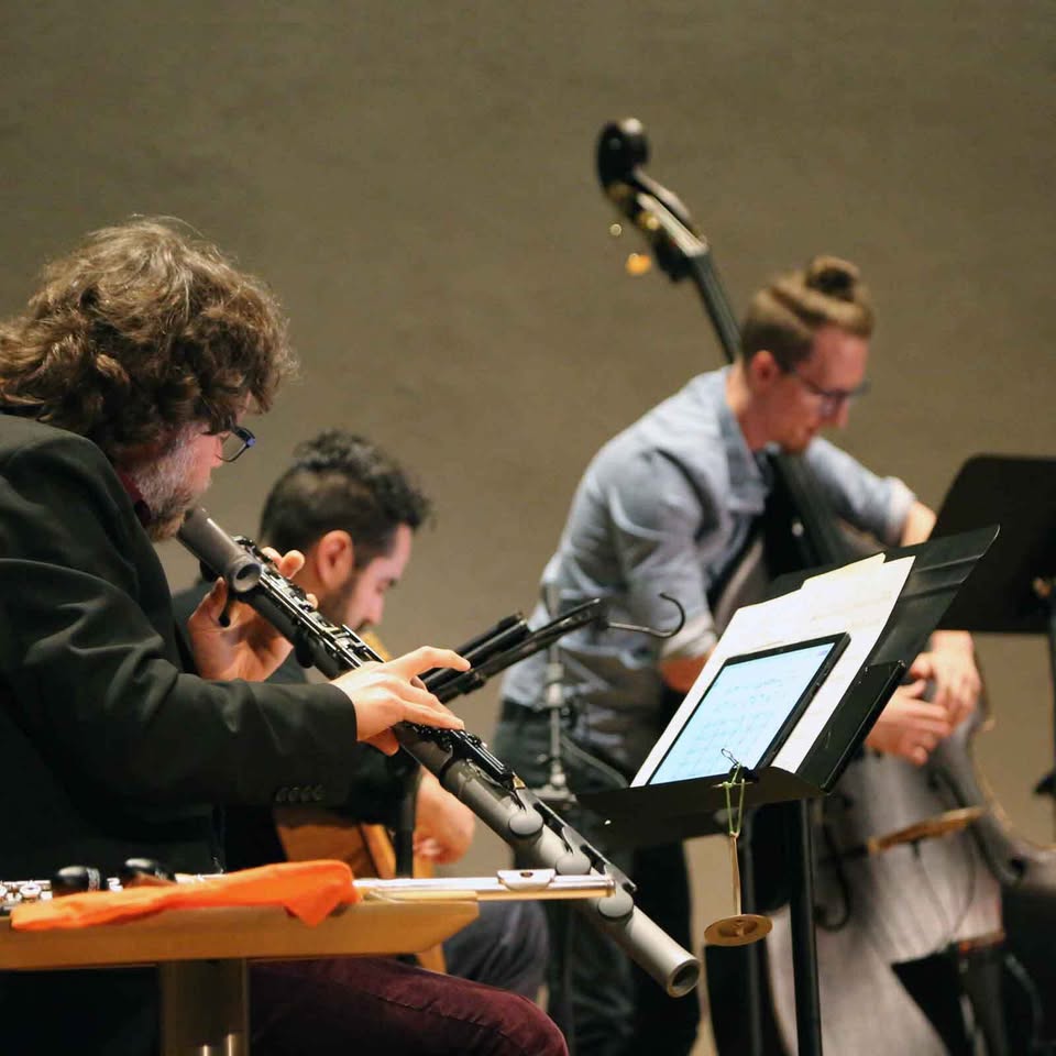 Musicians create a beautiful melody with the sounds of the clarinet, double bass, and cello in an intimate indoor setting. Their sheet music is clearly visible, adding to the charm of this laid-back performance.