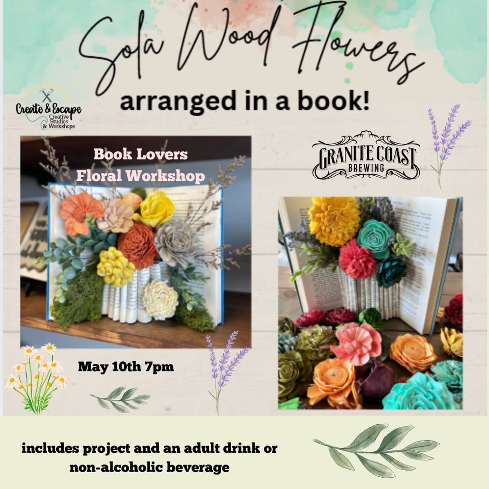 Join us for the "Book Lovers Floral Workshop" on May 10th at 7 p.m., and dive into a creative evening where literature meets art. Discover how to craft stunning floral arrangements using Sola Wood flowers beautifully displayed in open books. Plus, enjoy complimentary drinks as you unleash your inner artist. Don't miss this unique blend of blooms and books!.