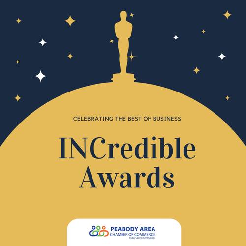 Experience the Pinnacle of Business Excellence! Join us for the INCredible Awards, where we celebrate top achievers. Presented by the Peabody Area Chamber of Commerce, this event features a gold trophy silhouette set against a starry dark blue background.