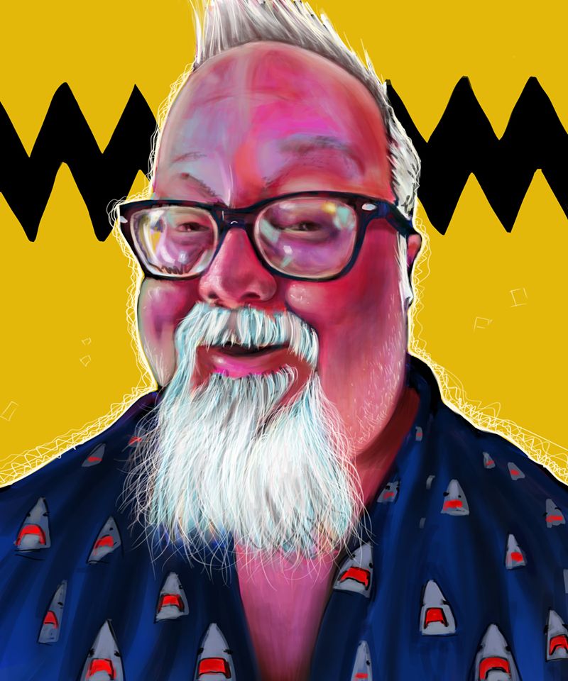 Liven up your website with a striking digital portrait: a friendly, bearded man with white hair and glasses, sporting a playful shark-print shirt. The vivid yellow background and bold black zigzag lines make this image pop—perfect for grabbing attention on social media or adding personality to your brand’s online presence.