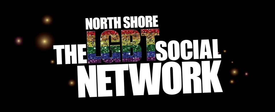 The image features bold white text reading "North Shore The LGBT Social Network" against a sleek black background. "LGBT" stands out in large, eye-catching rainbow sequin-style letters. Subtle light spots add a festive touch, making the graphic lively and inviting for anyone looking to connect with the local LGBTQ+ community.