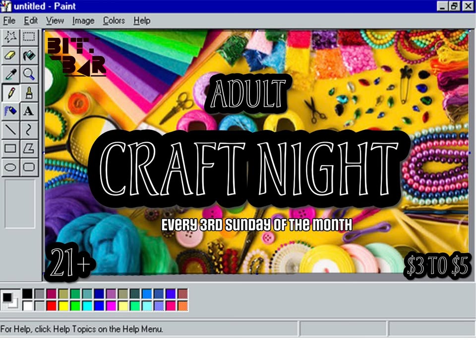 Bright and playful digital flyer designed in Paint showcases "Adult Craft Night" happening every 3rd Sunday of the month. This fun, budget-friendly event is for ages 21 and up, with entry just $3 to $5. The background pops with an array of craft supplies—perfect for sparking creativity! Looking to boost your social life? Unleash your artistic side and connect with fellow crafters at this lively monthly gathering.