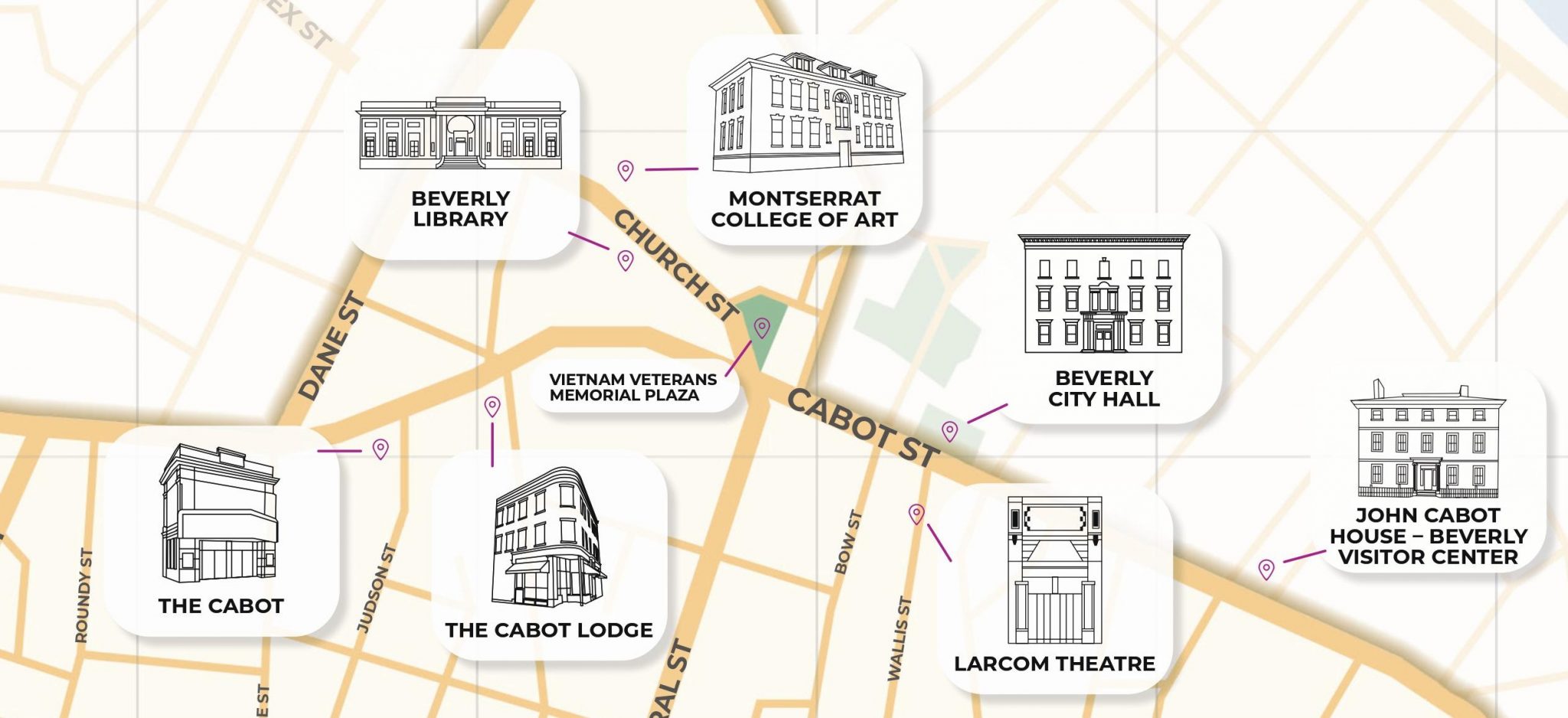 Discover Beverly like never before with our detailed map illustration highlighting must-see landmarks. Explore the Beverly Library's endless knowledge, admire the creativity at Montserrat College of Art, and experience civic life at the historic Beverly City Hall. Catch a show at the iconic Larcom Theatre or enjoy a live performance at The Cabot. For accommodations, The Cabot Lodge offers comfort and convenience. Don't forget to visit the historic John Cabot House to dive into local history. Discover all this vibrant city has to offer with our essential guide!.