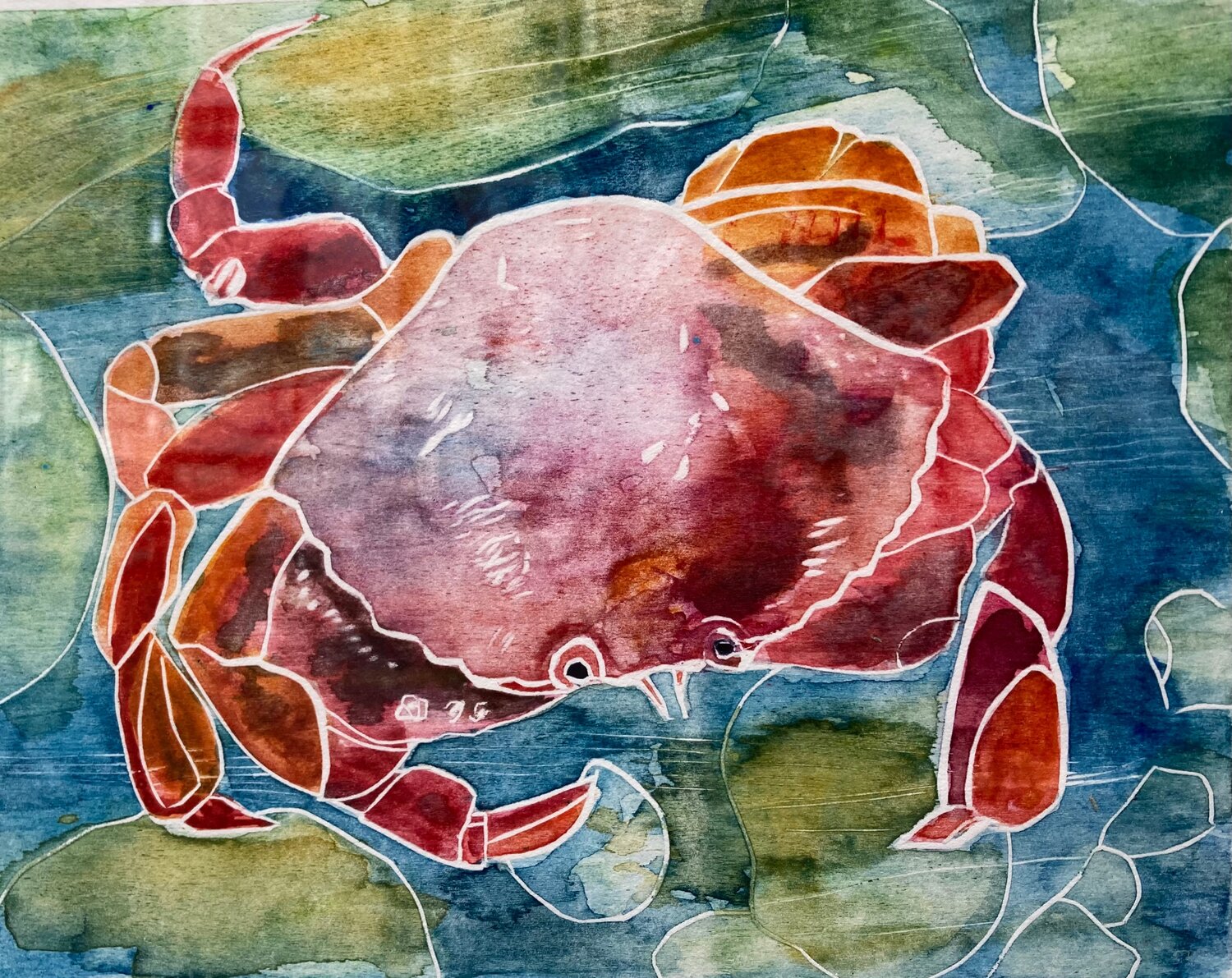 Discover a vibrant watercolor painting featuring a lively red crab with crisp white outlines, set against an eye-catching blue and green abstract background. Perfect for adding coastal charm to any room, this unique art piece brings bold color and seaside style to your decor.