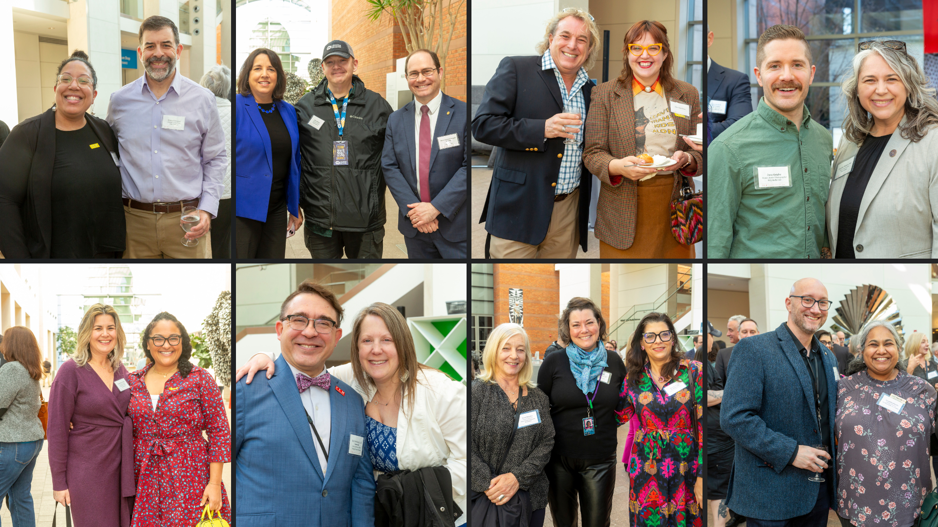 A vibrant group of individuals gathered at an indoor event, sharing smiles and striking poses for group photos. Dressed in smart business-casual attire with name tags clearly visible, they embody a professional yet friendly atmosphere.