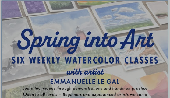 Discover Your Creativity: Join Our Watercolor Classes! Unleash your inner artist this season with our "Spring into Art" watercolor classes. Whether you're a complete beginner or an experienced painter, artist Emmanuelle Le Gal is here to guide you through six weeks of creative exploration. What to Expect: - Six Weekly Classes: Dive into a new world of color and expression each week. - Expert Guidance: Learn unique techniques directly from acclaimed artist Emmanuelle Le Gal. - All Skill Levels Welcome: No experience? No problem! Everyone's creativity is celebrated here. Our vibrant flyer features stunning watercolor artworks by Emmanuelle, offering a glimpse into the beauty you'll create. Embrace the opportunity to improve your skills and express yourself in new ways. Reserve your spot today and make this spring unforgettable!.