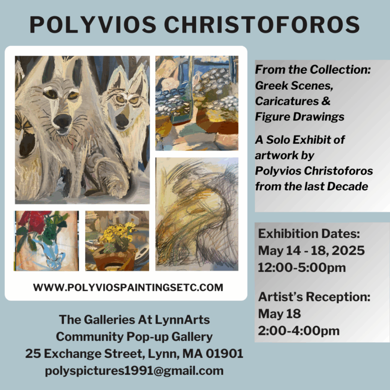 Discover a captivating art exhibit by Polyvios Christoforos at The Galleries At LynnArts from May 14-18, 2025. Explore stunning wolf paintings, a striking still life, and a bold abstract figure—all on display in one inspiring show. Don’t miss this chance to experience unique artwork up close!.