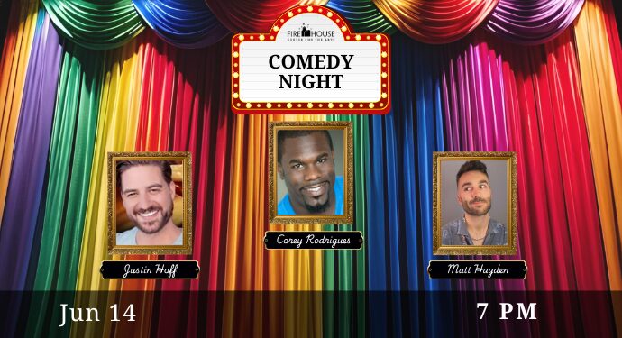 Step into a night of laughs! The stage pops with a vibrant curtain and a glowing marquee that says “Comedy Night.” Three comedians—Justin Hoff, Corey Rodriguez, and Matt Hayden—take center spot in eye-catching photo frames. Don’t miss the fun on June 14 at 7 PM.