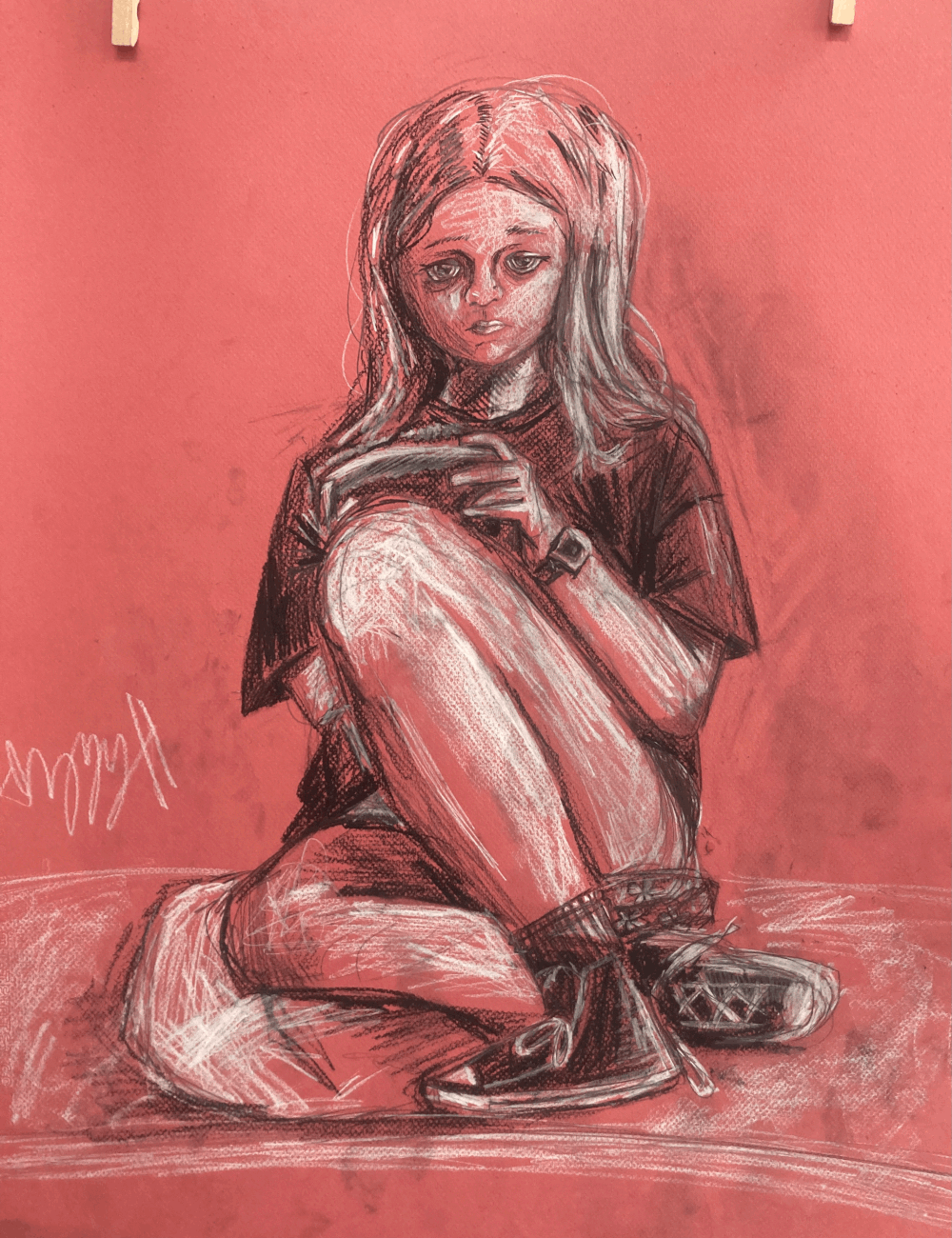 Discover an eye-catching sketch of a girl seated on vibrant red paper. She wears a simple t-shirt, shorts, and sneakers, her gaze focused calmly on something in her hands. With detailed line work and a modern feel, this artwork brings quiet moments to life—perfect for fans of contemporary drawings or expressive pencil art.