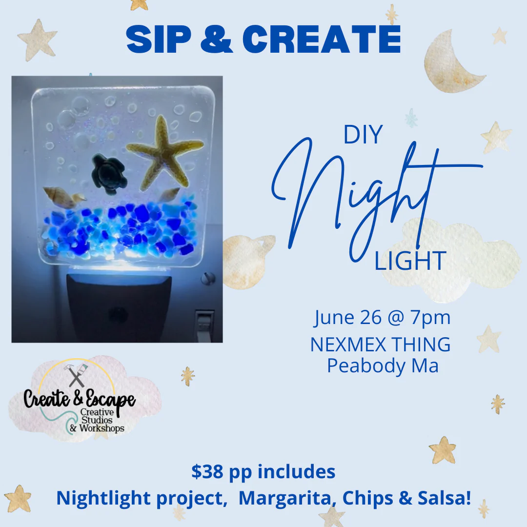 Bright beachy nightlight shines beside margarita, chips, and salsa—join our Sip & Create DIY night at NEXMEX THING, Peabody!.