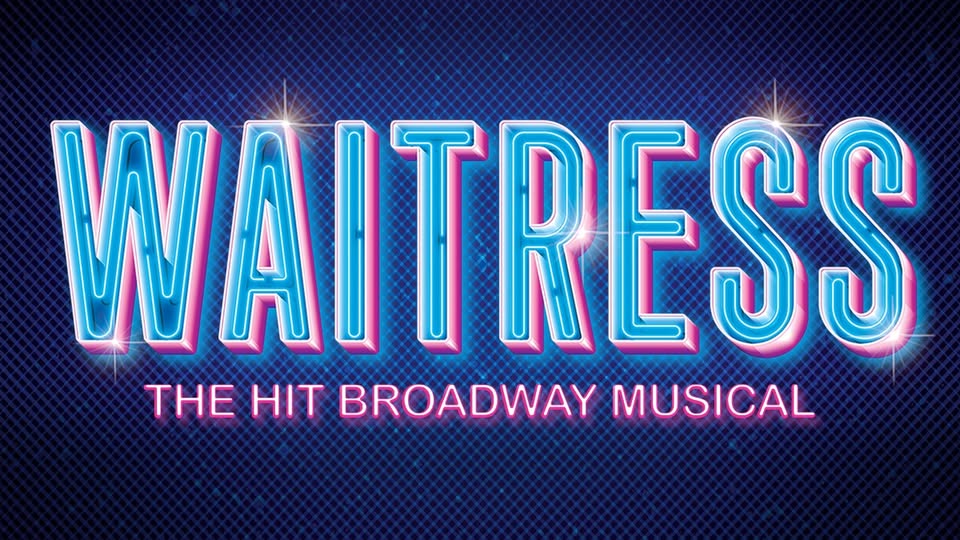 A bold, glowing blue neon sign lights up the word "WAITRESS", immediately catching your eye against a rich, dark backdrop. Just below, sleek pink lettering pops—"The Hit Broadway Musical"—inviting theater lovers and newcomers alike to experience this acclaimed stage sensation. The vibrant contrast and striking colors create an unforgettable first impression, perfect for drawing in clicks and attention online.