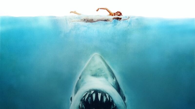 A swimmer glides across the ocean, blissfully unaware of a massive shark silently rising from the deep below, its jaws wide open in the clear blue water.