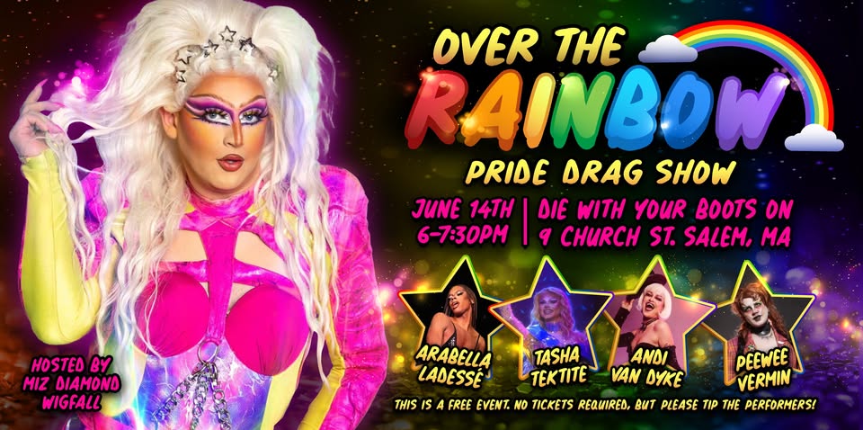 Eye-catching promo poster for "Over the Rainbow Pride Drag Show" showcases a dazzling drag queen in vibrant pink and yellow. Beside her, event info and photos highlight four fabulous performers. This striking design captures attention and celebrates Pride in bold, unforgettable color—perfect for sharing online or around town to attract excited partygoers.