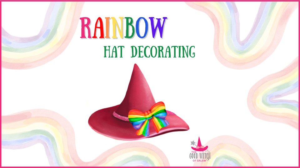 Centered on a soft pastel rainbow background, a pink witch hat topped with a rainbow bow stands out, inviting creativity. The colorful headline "Rainbow Hat Decorating" draws attention from above, while the "Eco Witch of Salem" logo sits in the bottom right corner. This whimsical scene showcases unique, eco-friendly style perfect for sharing and celebrating sustainable magic.