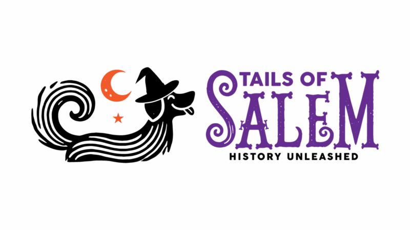 A sleek black dog in a witch hat sits next to an orange crescent moon and star, capturing a playful, magical vibe. To the right, bold purple letters spell out “Tails of Salem,” with “History Unleashed” in classic black text underneath. This eye-catching design blends Salem’s spooky charm with pet-friendly fun—perfect for anyone curious about the city’s legendary past.