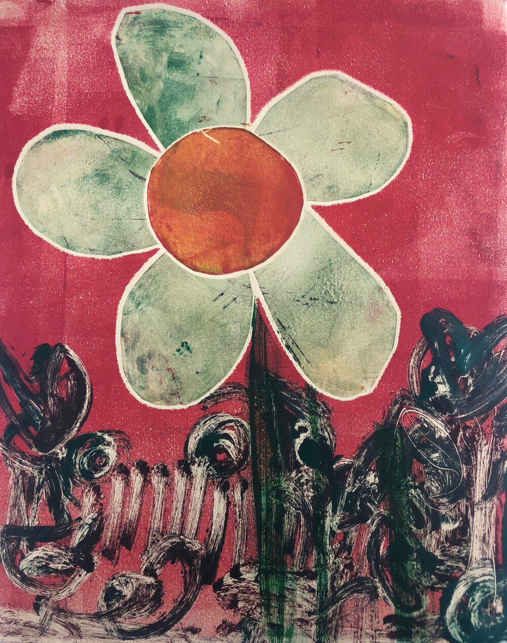 A bold white flower with a vibrant orange center blooms against a lively red backdrop, framed by our community’s creative green foliage.