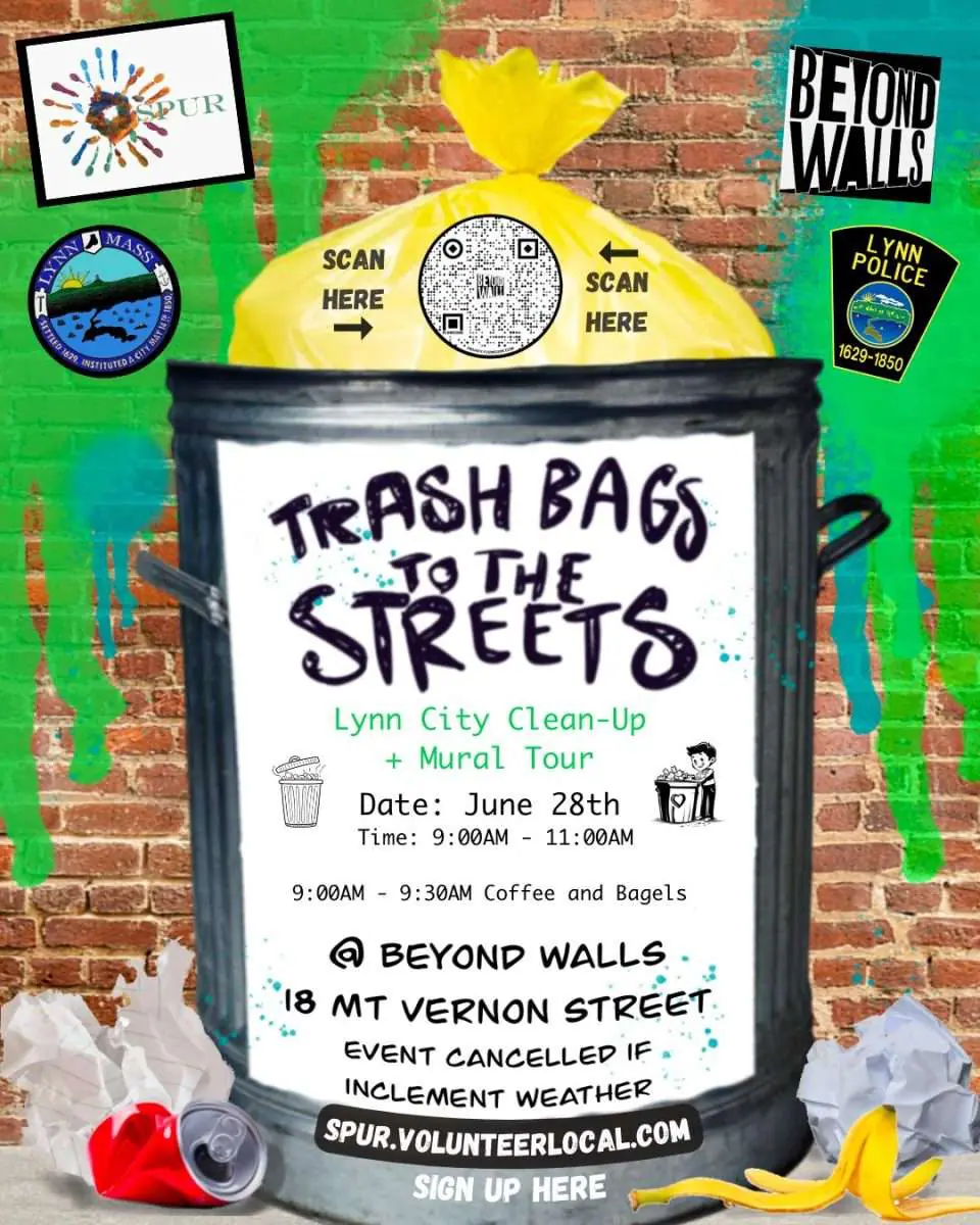 Vibrant poster for "Trash Bags to the Streets: Lynn City Clean-Up + Mural Tour"—June 28, 18 Mt Vernon St.—bursting with bold colors, dynamic event details, and community logos for SPUR, Lynn Police, and Beyond Walls. Our creative spirit shines as we unite to clean up Lynn and celebrate stunning local murals!.