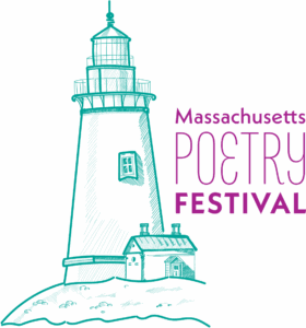 Vibrant teal lighthouse sketch, symbolizing our creative community, with “Massachusetts Poetry Festival” in bold purple text.