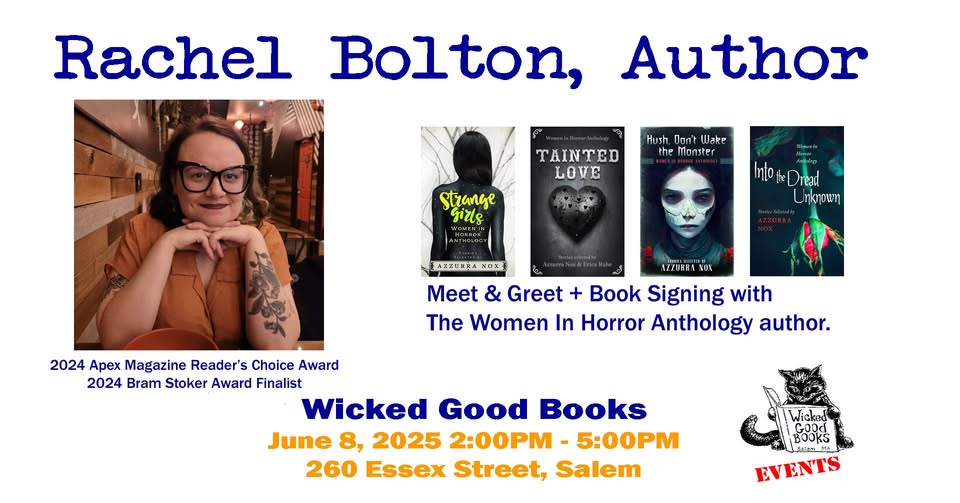 Author Rachel Bolton beams at a cozy table with her four vibrant book covers; join our lively Salem signing at Wicked Good Books, June 8!.