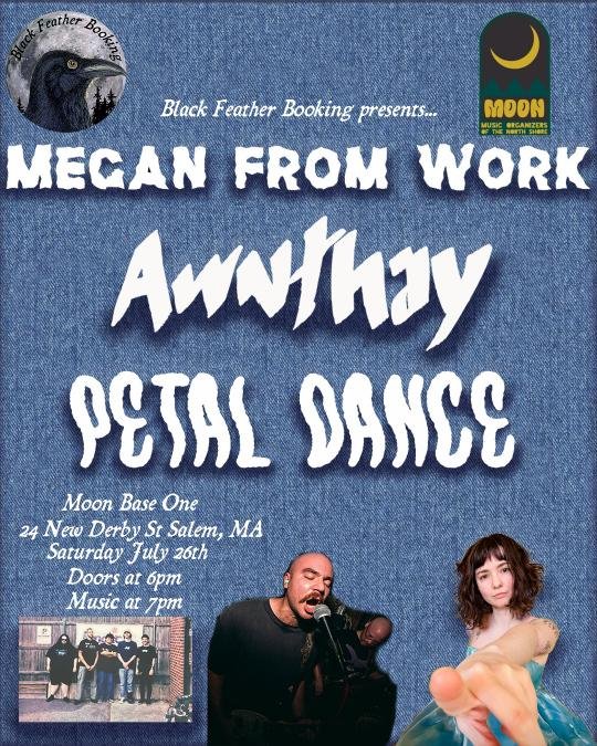 Sure! Here’s a concise, energetic alt description under 125 characters: Flyer with moon & bird logo, names of local bands, event info, and lively pics of two performers at our Moon Base One show July 26.