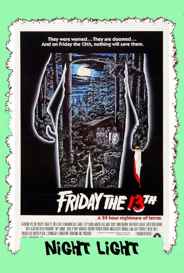 Silhouette of a knife-wielding figure with our vibrant community gathered in a moonlit forest—Friday the 13th shines bold.