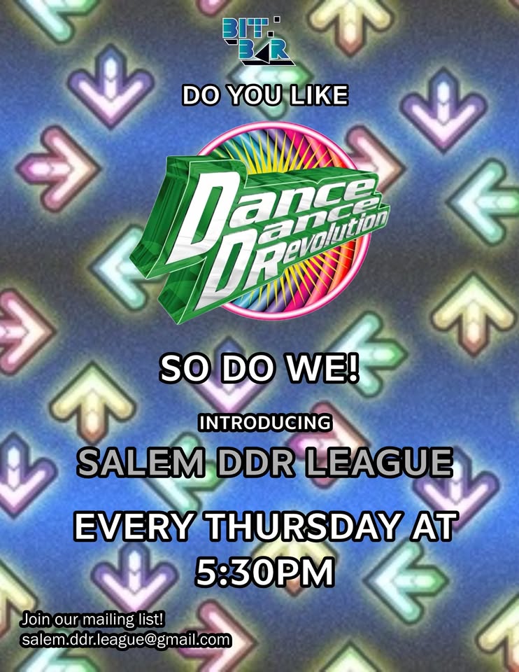 Sure! Here's an engaging, community-focused alt text that meets your requirements: Flyer with bold DDR logo and vibrant arrow bursts. Join our Salem DDR League—dance with us Thursdays at 5:30PM! Email salem.ddr.league@gmail.com.
