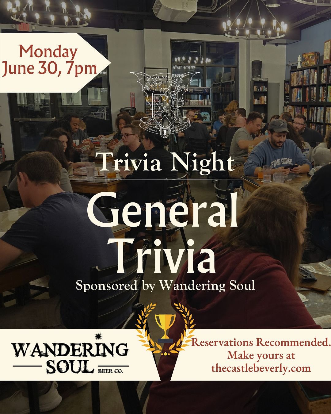 A lively crowd gathers around tables in our cozy bar, teaming up for Trivia Night—join us June 30, 7pm for spirited fun and local vibes!.