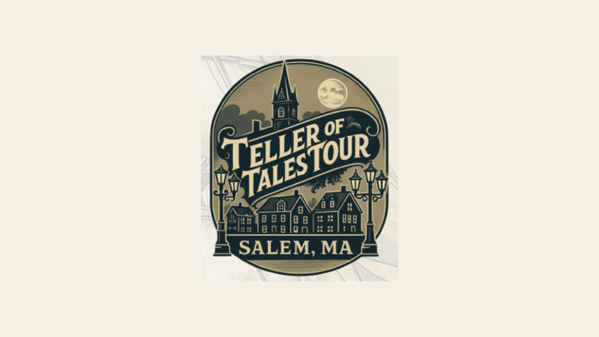Colorful illustrated logo for Teller of Tales Tours, Salem, MA—historic homes, glowing lamps, church steeple & bright full moon. Our vibrant design celebrates Salem’s creative spirit and welcoming community roots.