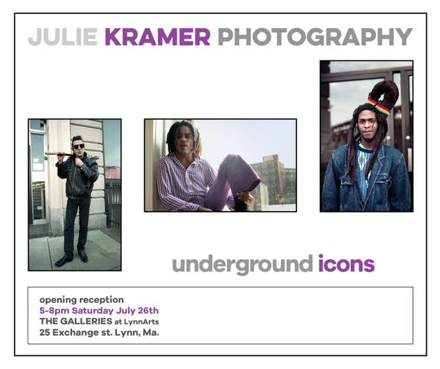 Vibrant event poster for Julie Kramer Photography—three expressive portraits shine, inviting our community to an opening celebration, Saturday, July 26th, 5–8pm at LynnArts.