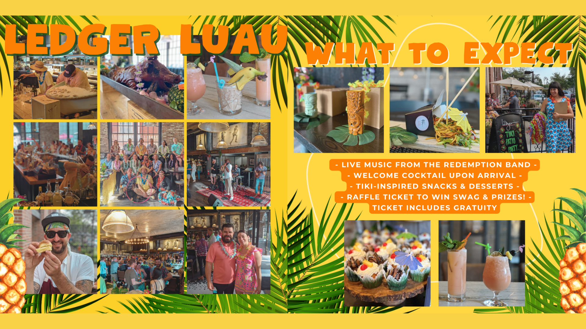 Vibrant flyer for our Ledger Luau: tropical drinks, tasty snacks, live local music, and community fun with palms & pineapples!.