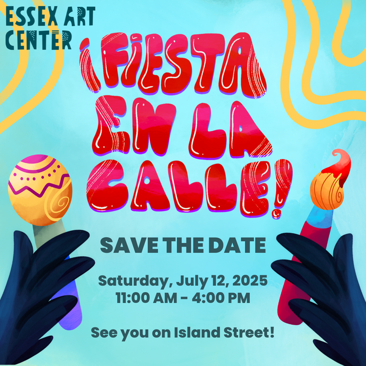 Sure! Here’s a revised alt text description that’s energetic, community-focused, and accessible: Alt Text: Vibrant flyer bursting with bold red “¡Fiesta En La Calle!”—join us July 12 at Essex Art Center for art, music, and community joy! Paintbrushes and festive decor celebrate our creative spirit.
