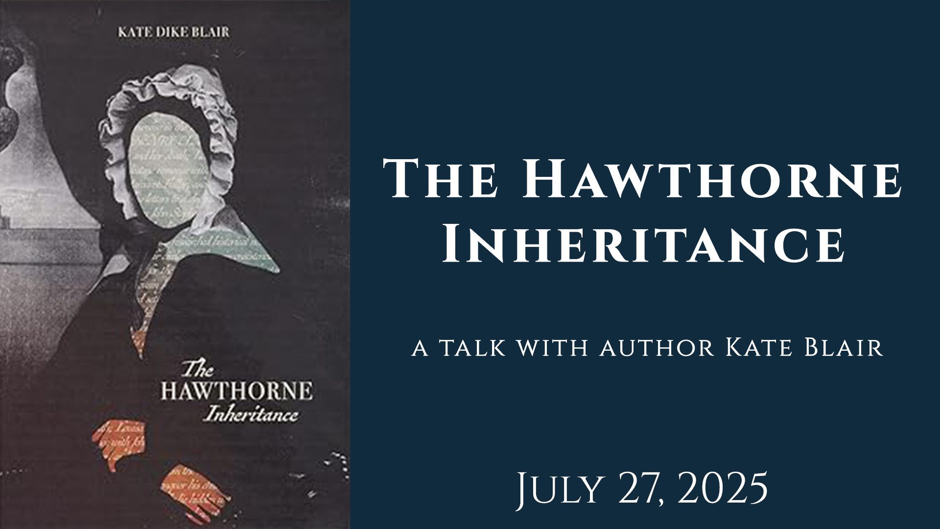 Vibrant book cover: silhouette of a woman in a patterned bonnet, "The Hawthorne Inheritance" by Kate Dike Blair. Join our author talk July 27, 2025 for an inspiring community chat!.