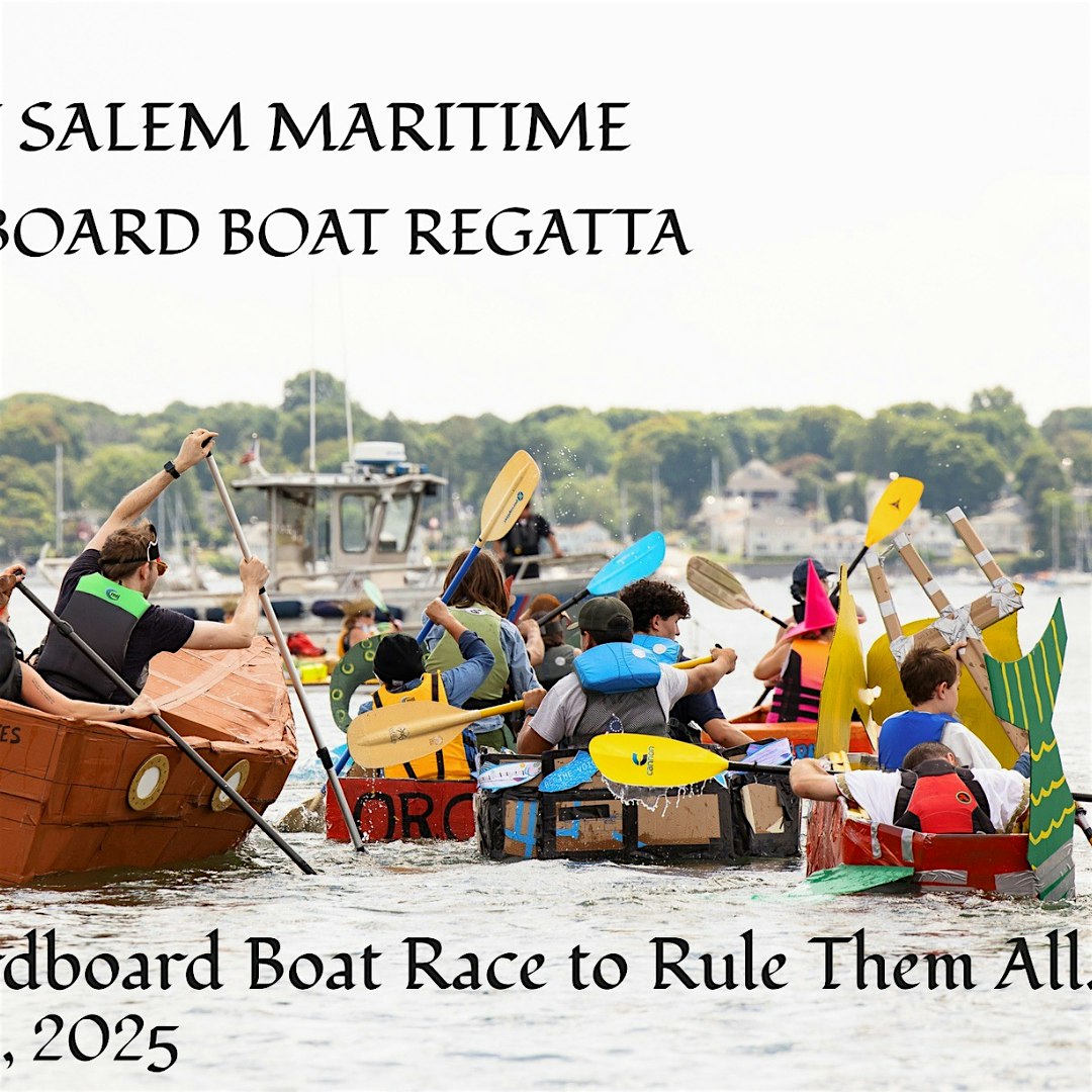 Colorful, hand-painted cardboard boats glide across the lake as our community cheers—creativity in full sail at our regatta! Event info is boldly displayed.
