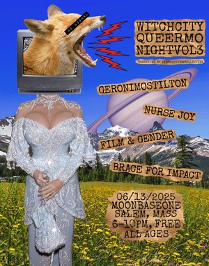 Sure! Here’s a revised, community-focused alt text under 125 characters: Vibrant event poster: TV-headed figure in a gown, howling fox, and wild blooms invite us to Queermo Night Vol 3—celebrating local talent. Let me know if you'd like something even shorter or want to mention specific performer names!.