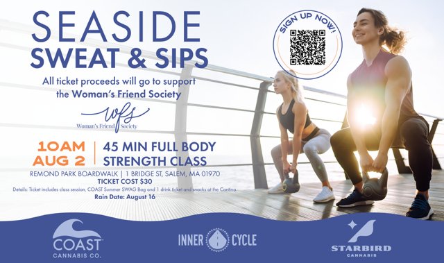 Two women squat on Remond Park’s sunrise boardwalk—join us for Seaside Sweat & Sips to move, connect, and uplift our community.
