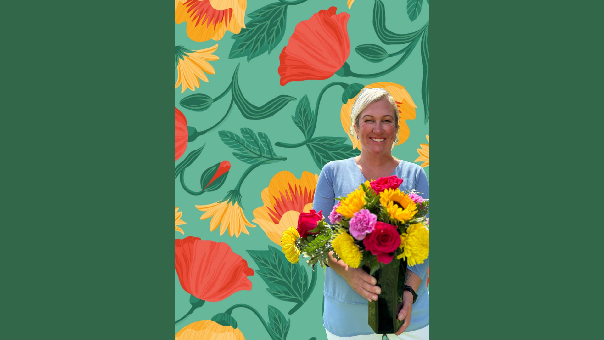 Smiling woman beams, holding a bright bouquet against our lively, flower-filled backdrop—celebrating Essex Art Center’s creative community.