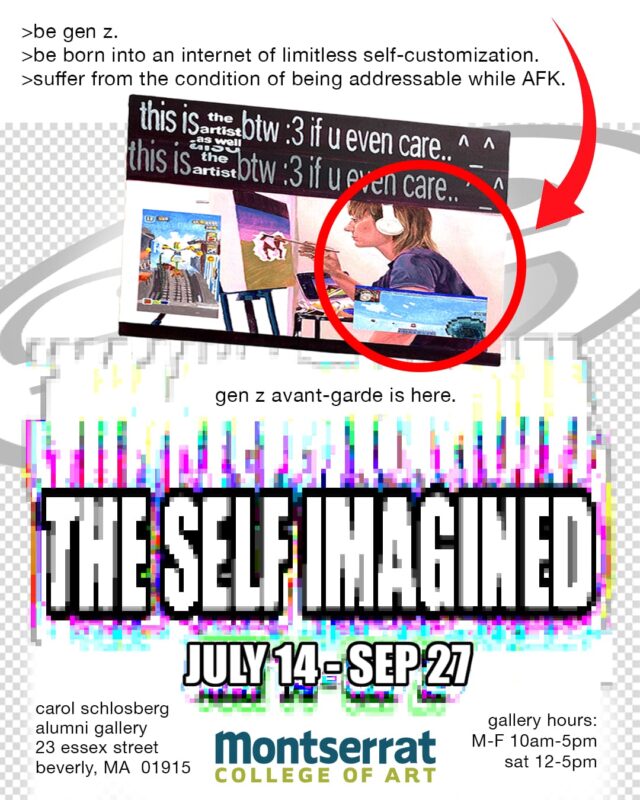 Vibrant exhibit poster: "The Self Imagined" in bold digital text, young local artist painting, Gen Z creativity and our community pride.