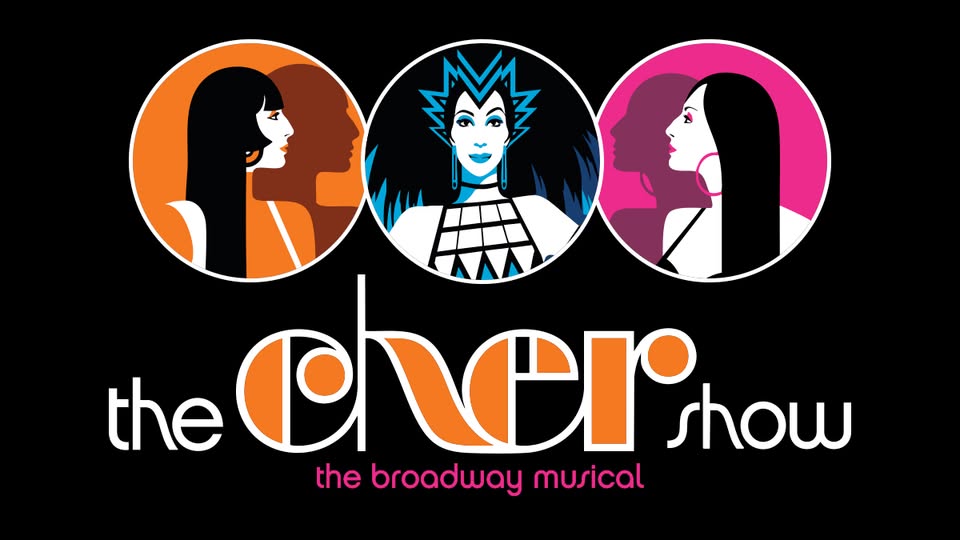 Vibrant logo for "The Cher Show: The Broadway Musical" radiates creativity with three bold Cher portraits, uniting fans in color and style.