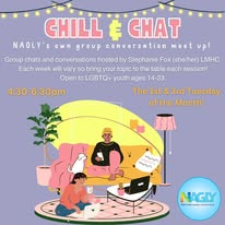 A lively graphic for NAGLY’s “Chill & Chat” meetup, spotlighting LGBTQ+ youth (14-23) in Essex County, vibrant art, and joyful community.