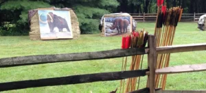 Colorful animal archery targets pop on Essex County grass, as a bundle of red-fletched arrows invites locals to connect and create.