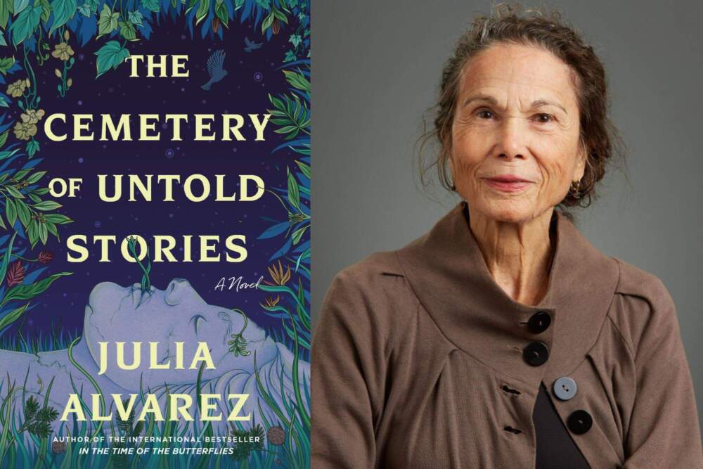 Left: Julia Alvarez’s vibrant “The Cemetery of Untold Stories” cover bursts with florals; right, author beams, inspiring community.
