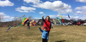 Families gather on an Essex County field, launching vibrant kites together under a lively blue sky, celebrating community spirit.