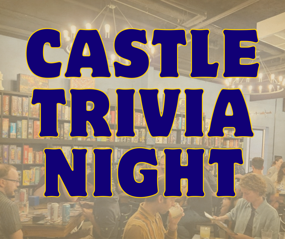 Lively locals sharing laughs and ideas at an Essex County board game café, shelves of games behind vibrant "Castle Trivia Night" text.