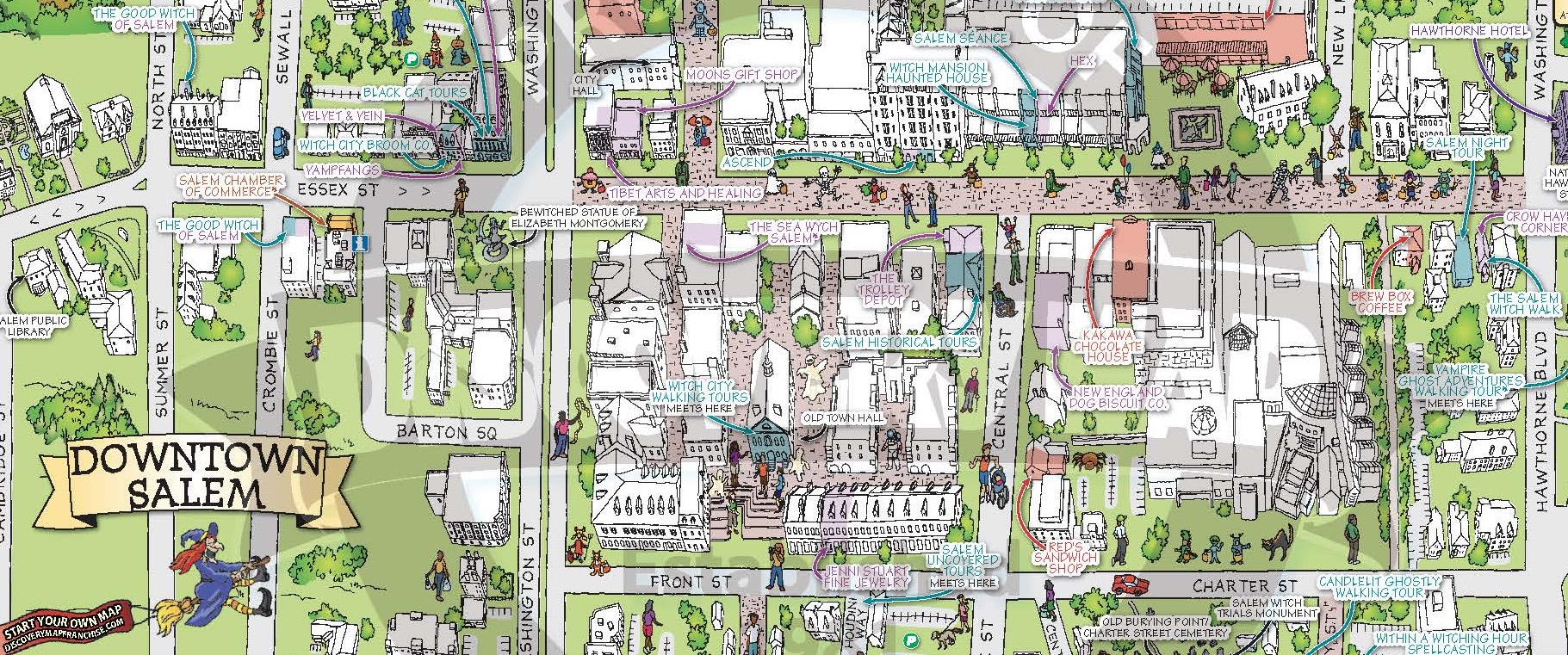 Lively illustrated map of downtown Salem, bursting with colorful landmarks, creative local spots, and community pride in Essex County.