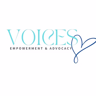 Bold, light blue "VOICES" stands out above "EMPOWERMENT & ADVOCACY;" a vibrant blue heart radiates community spirit for Essex County.